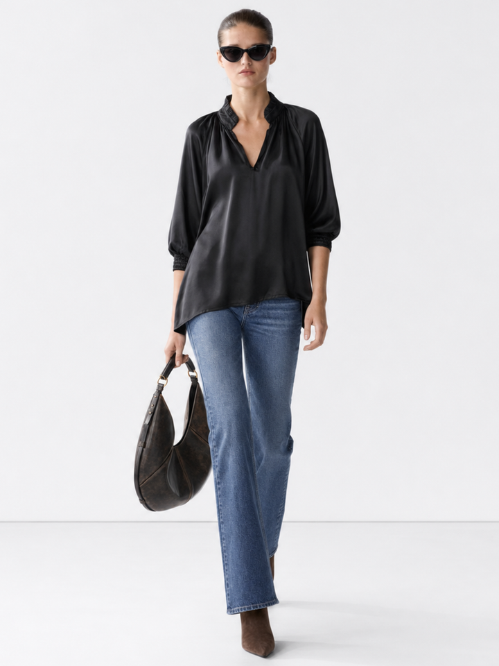 Andrea Navy Satin V-Neck Blouse — Ruffle Collar, 3/4 Balloon Sleeve
