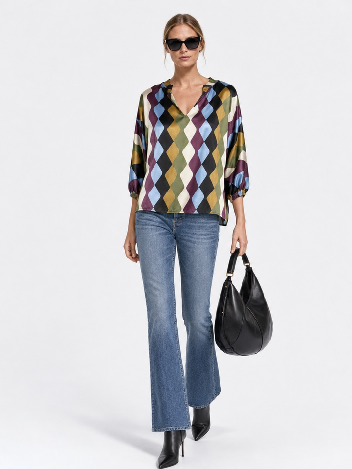 Andrea Navy Satin V-Neck Blouse — Ruffle Collar, 3/4 Balloon Sleeve