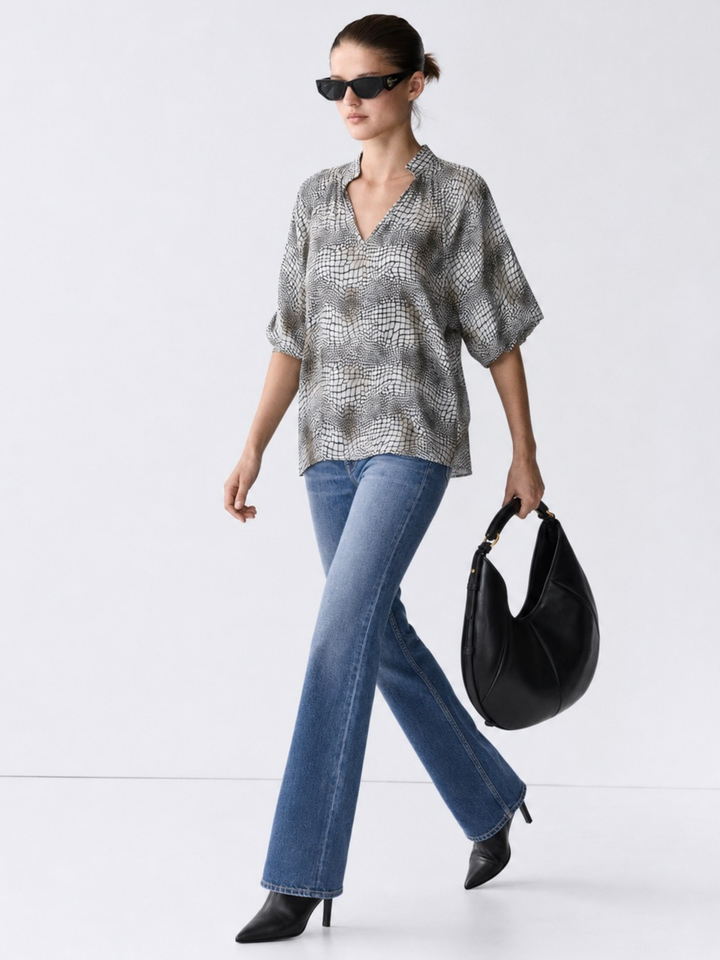 Andrea Navy Satin V-Neck Blouse — Ruffle Collar, 3/4 Balloon Sleeve