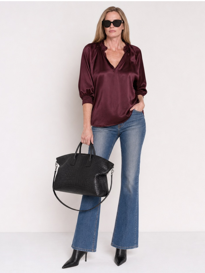Andrea Navy Satin V-Neck Blouse — Ruffle Collar, 3/4 Balloon Sleeve