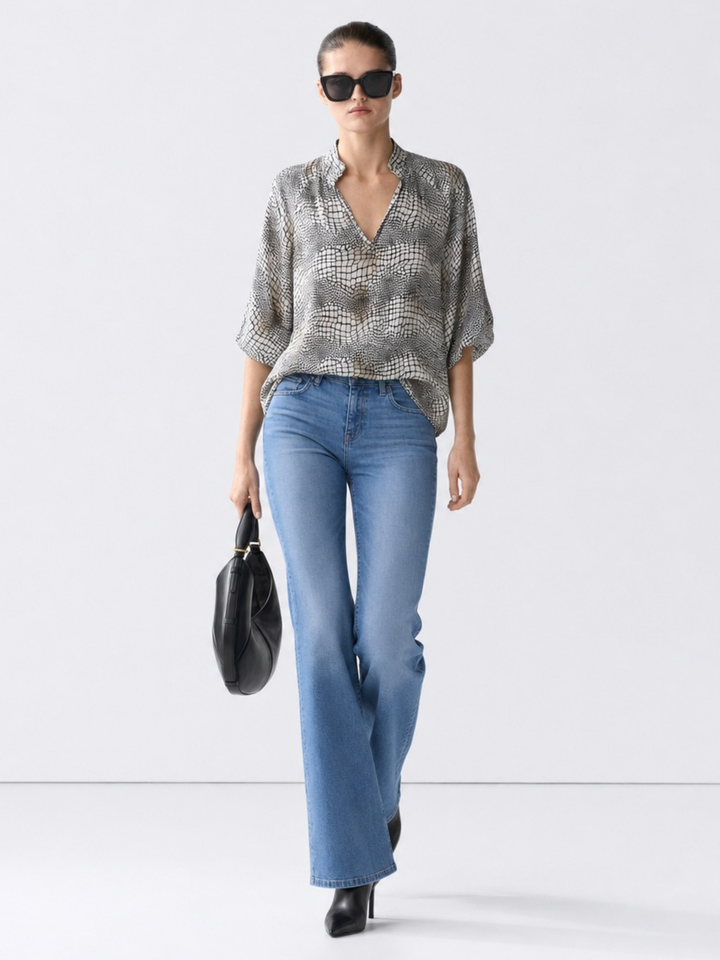 Andrea Navy Satin V-Neck Blouse — Ruffle Collar, 3/4 Balloon Sleeve