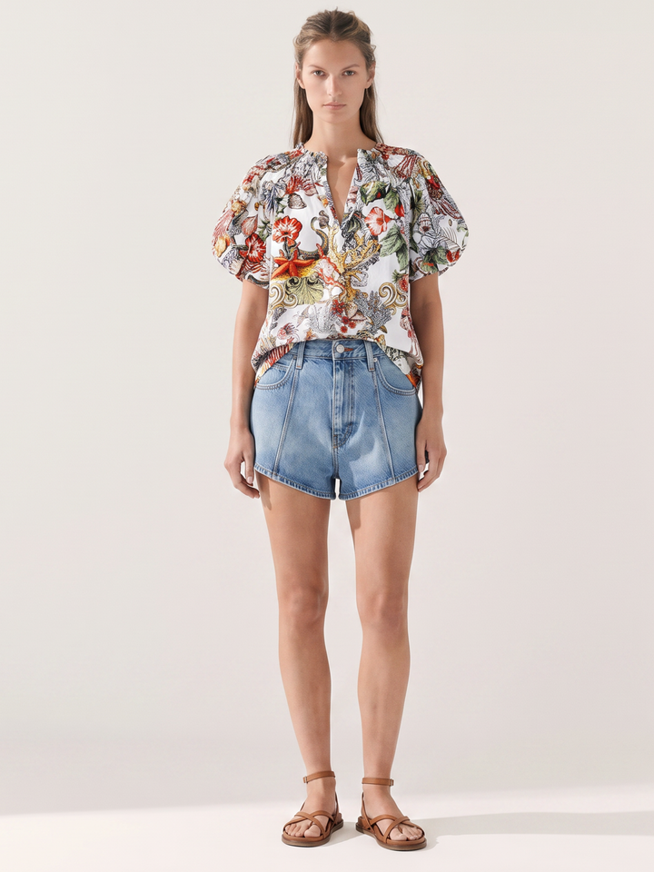 Demi mocked V-Neck Puff Sleeve Top