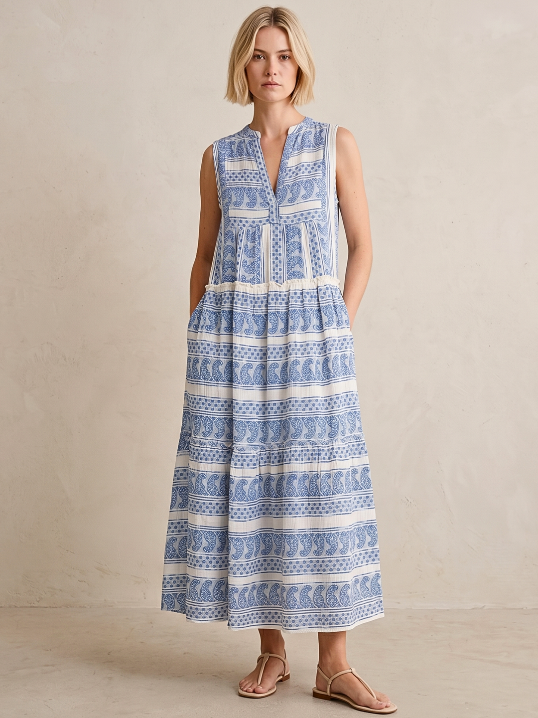 BALENCIA TIERED SLEEVELESS MAXI DRESS