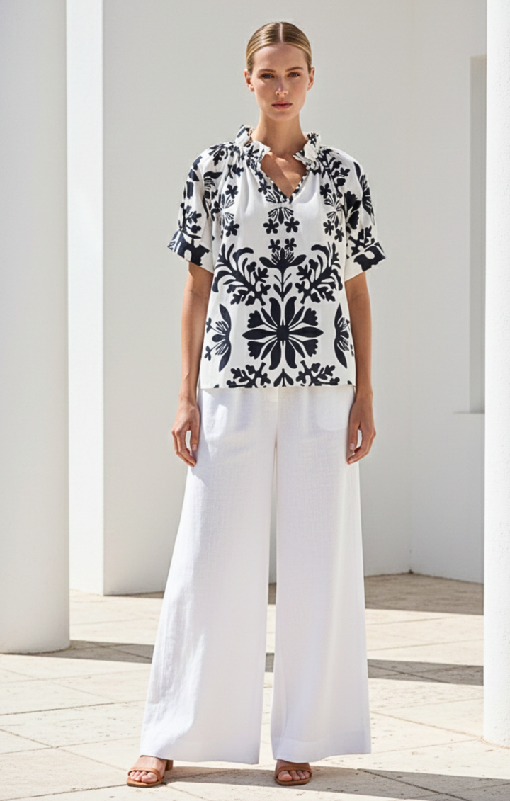 Blake Gathered V-Neckline and Pieced Ruffle Detail