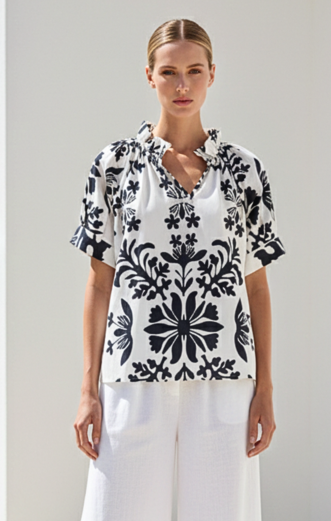 Blake Gathered V-Neckline and Pieced Ruffle Detail