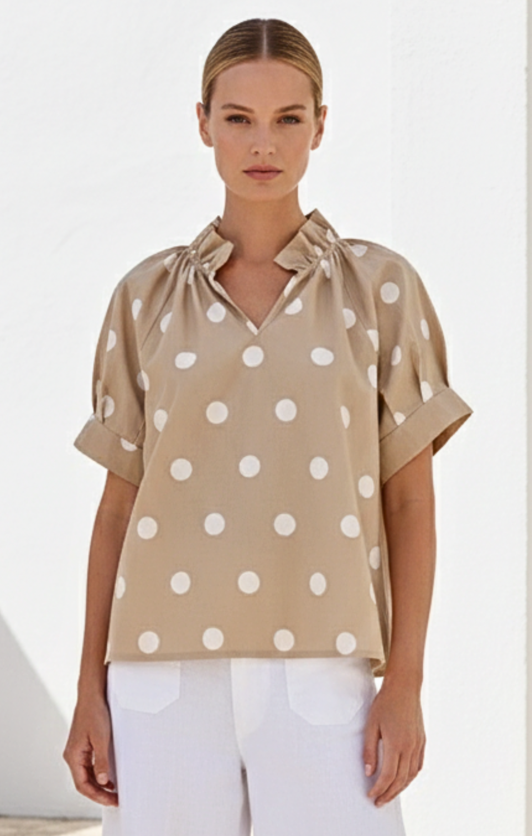 Blake Gathered V-Neckline and Pieced Ruffle Detail