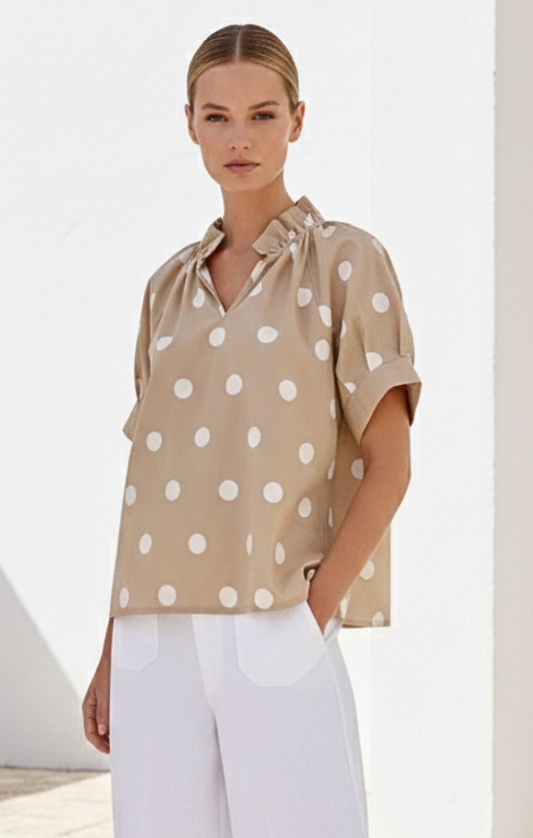 Blake Gathered V-Neckline and Pieced Ruffle Detail