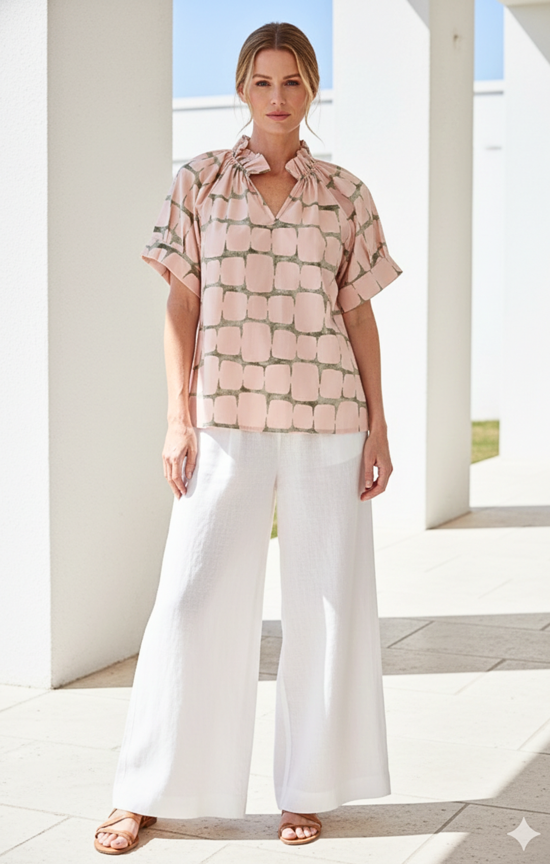 Blake Gathered V-Neckline and Pieced Ruffle Detail