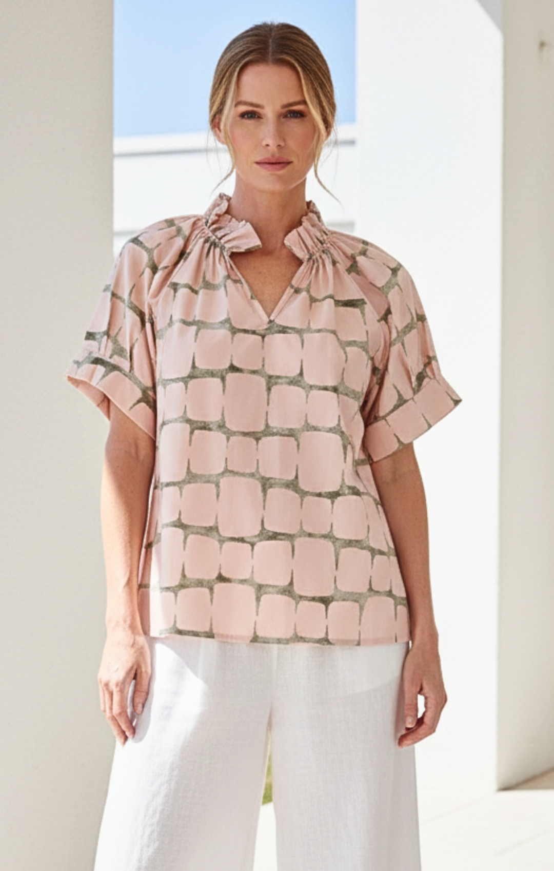 Blake Gathered V-Neckline and Pieced Ruffle Detail