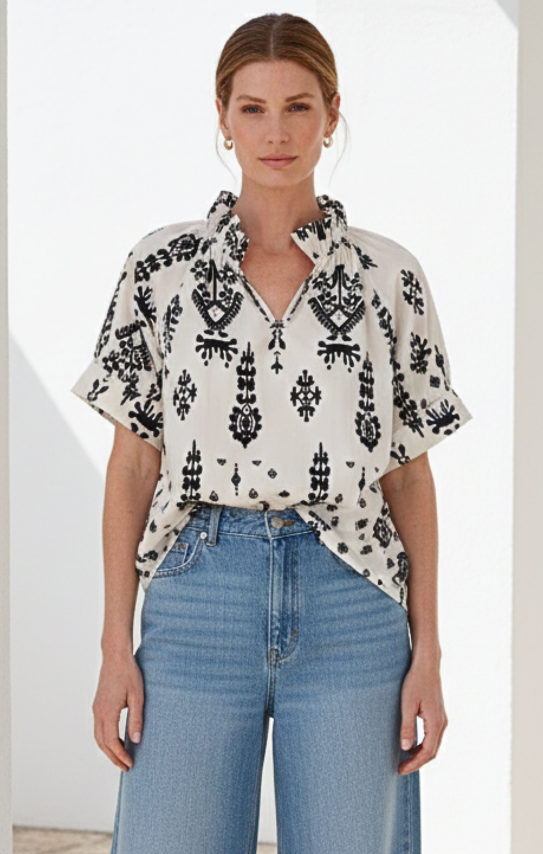 Blake Gathered V-Neckline and Pieced Ruffle Detail