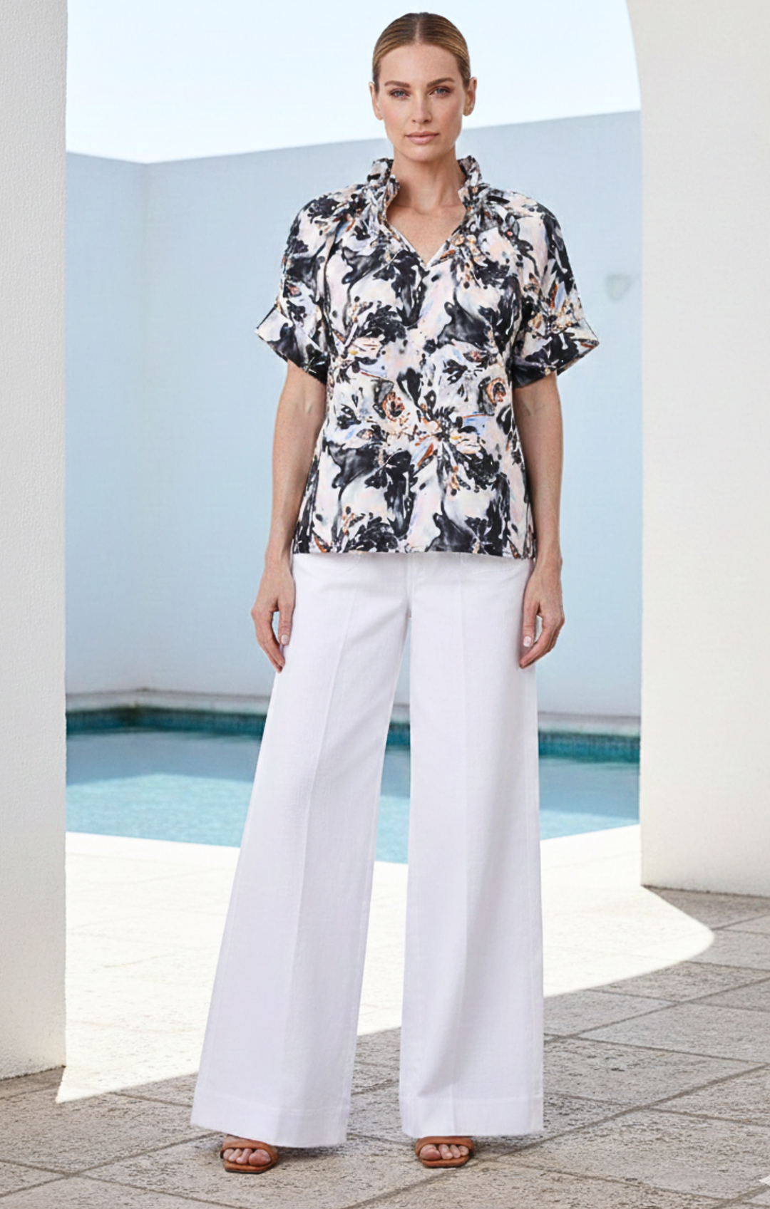 Blake Gathered V-Neckline and Pieced Ruffle Detail