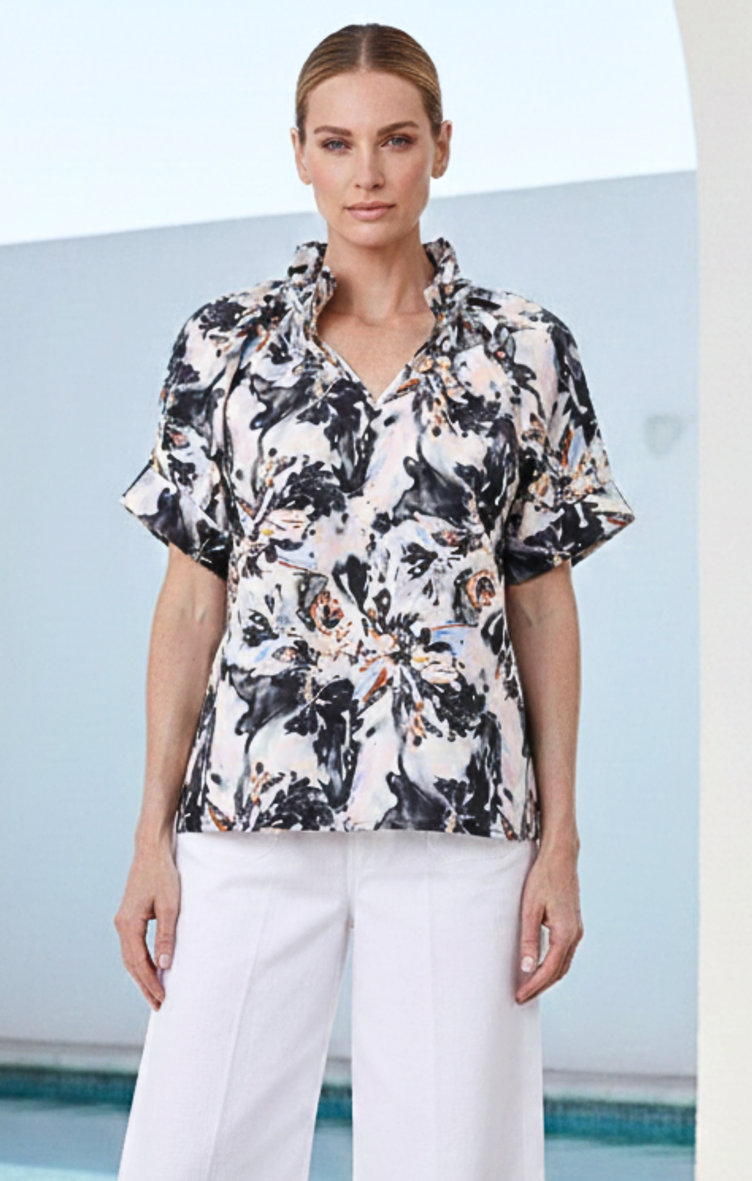 Blake Gathered V-Neckline and Pieced Ruffle Detail