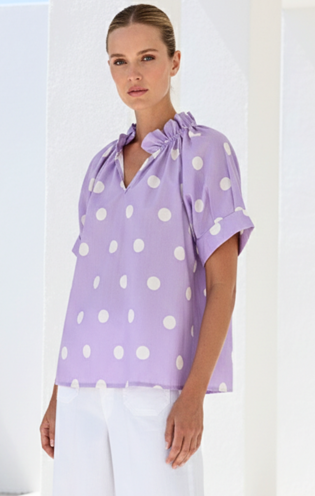 Blake Gathered V-Neckline and Pieced Ruffle Detail