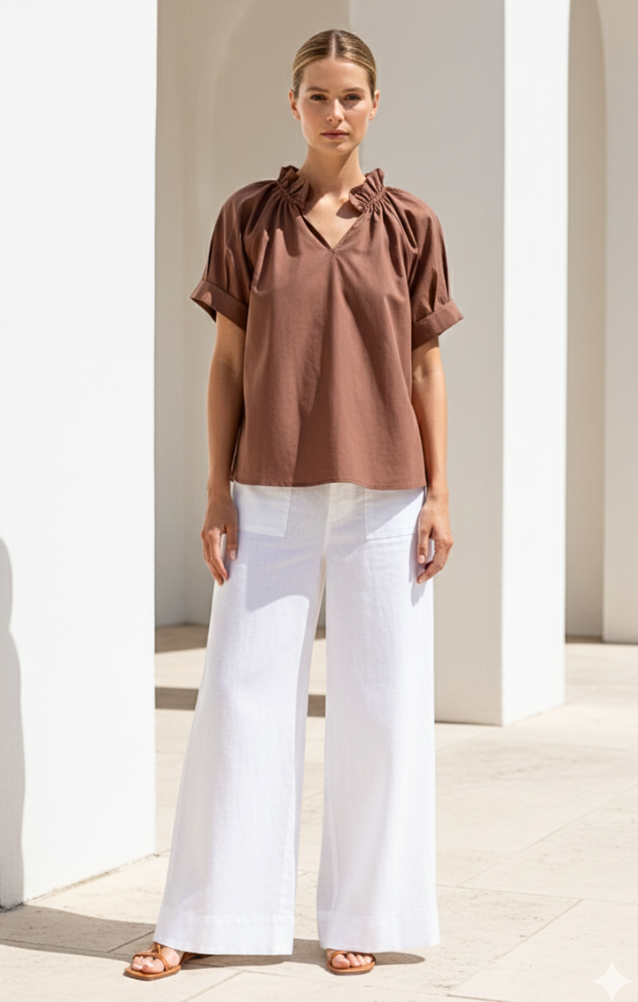 Blake Gathered V-Neckline and Pieced Ruffle Detail