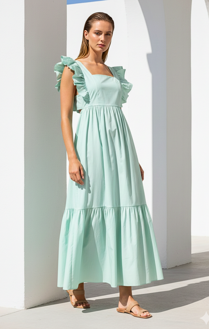 Woman wearing a light blue dress with ruffled sleeves against a white architectural background