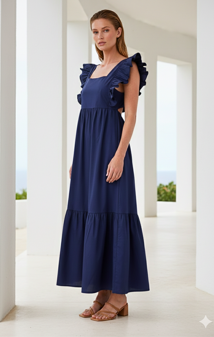 Woman wearing a navy blue dress with ruffled sleeves in a bright, minimalistic setting.