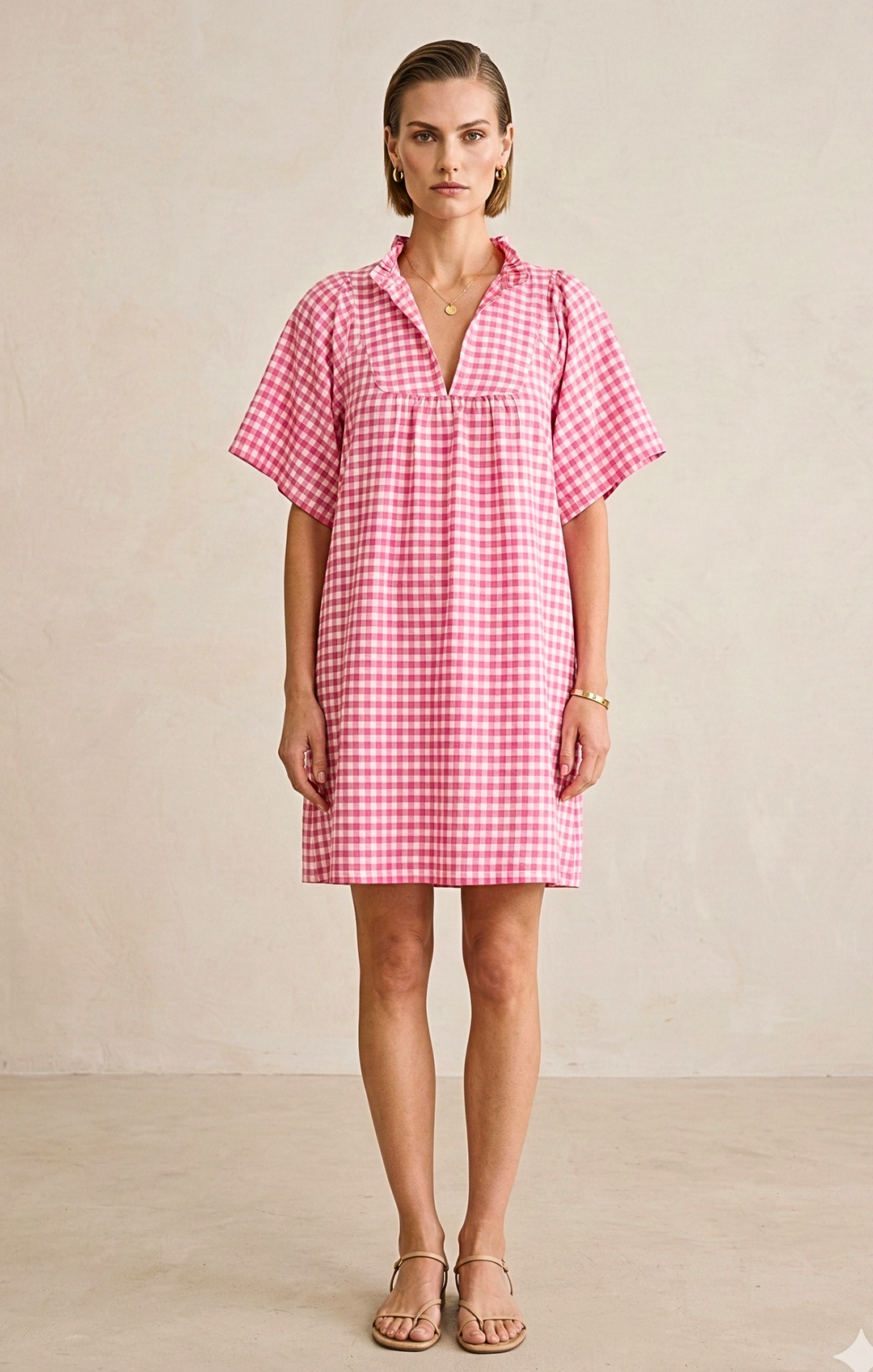 Woman wearing a pink and white checkered dress against a beige background