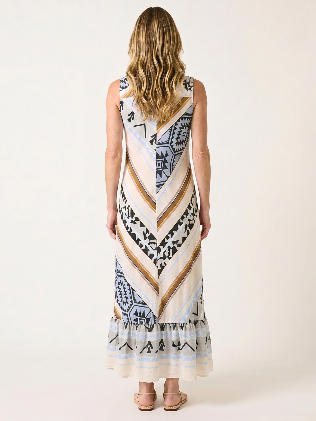 Elisa Aztec-Print Sleeveless Maxi Dress — Bohemian Ruffle Hem