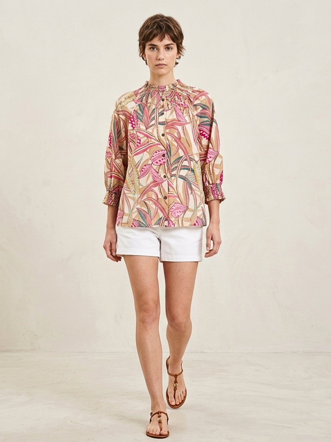 Emer Boho Floral Smocked Mock Neck Cotton Voile Top