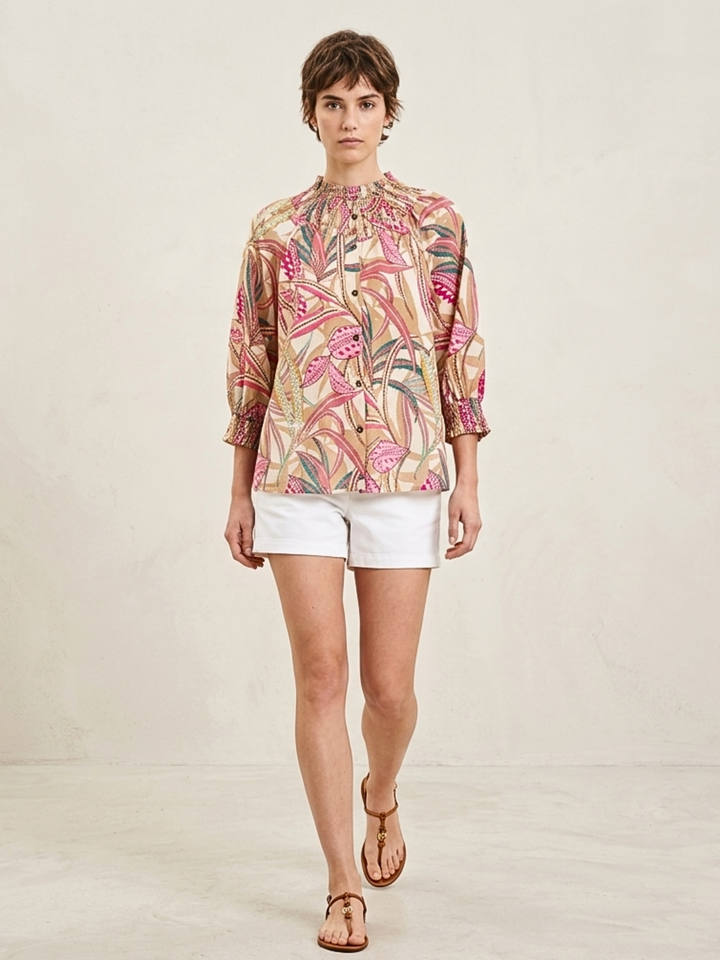Emer Boho Floral Smocked Mock Neck Cotton Voile Top