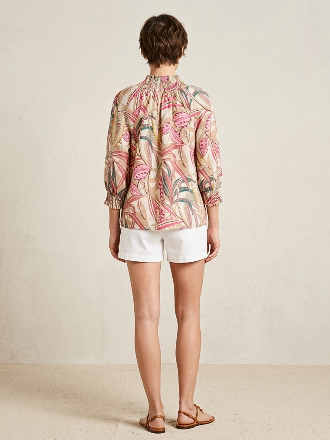 Emer Boho Floral Smocked Mock Neck Cotton Voile Top