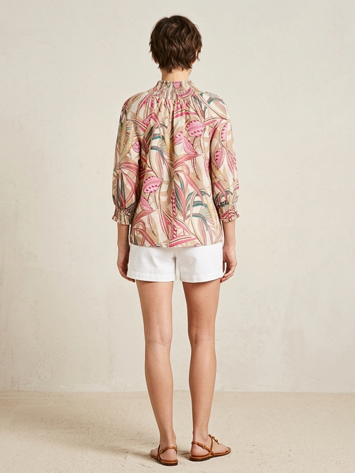 Emer Boho Floral Smocked Mock Neck Cotton Voile Top
