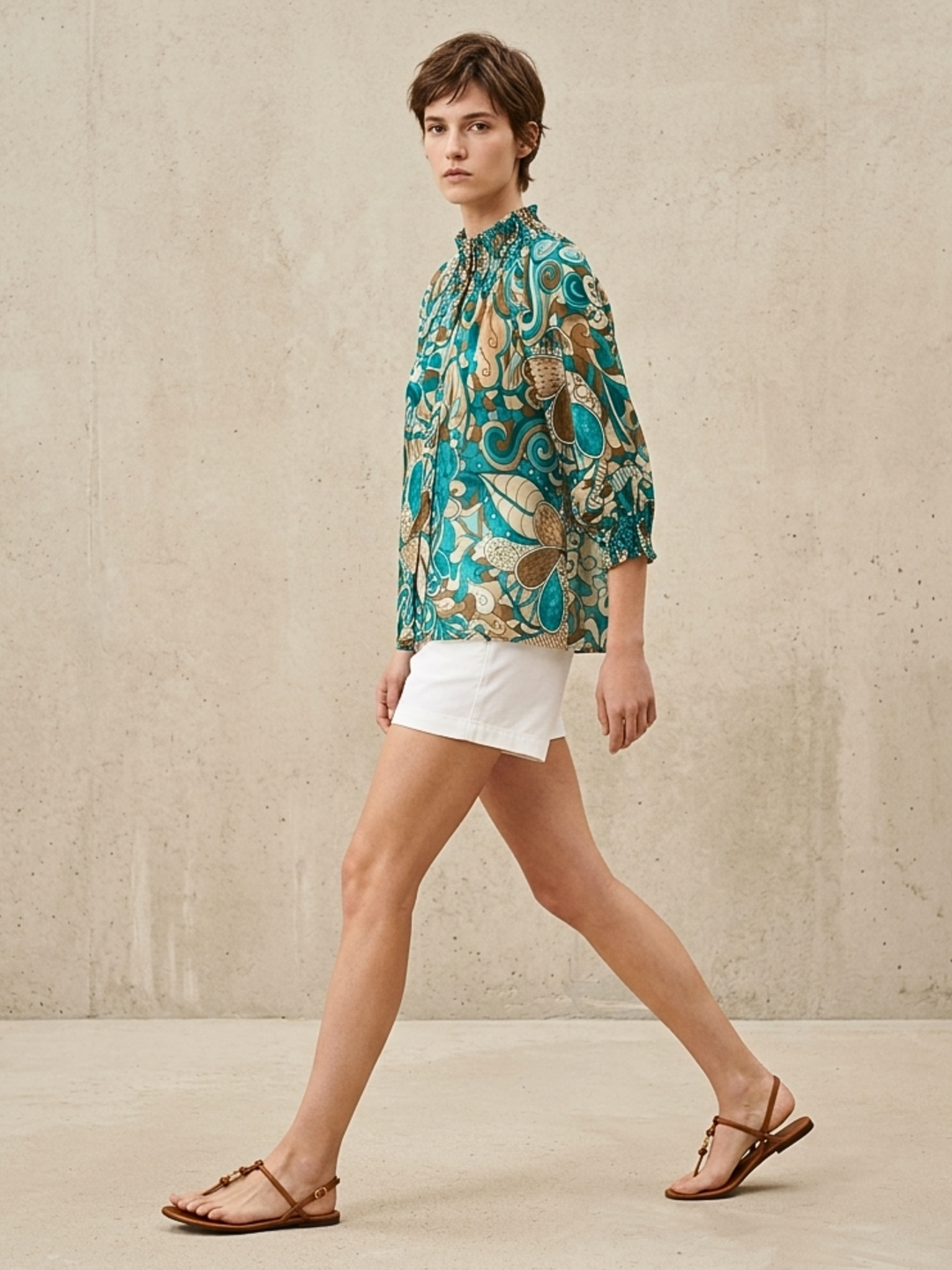 Emer Boho Floral Smocked Mock Neck Cotton Voile Top