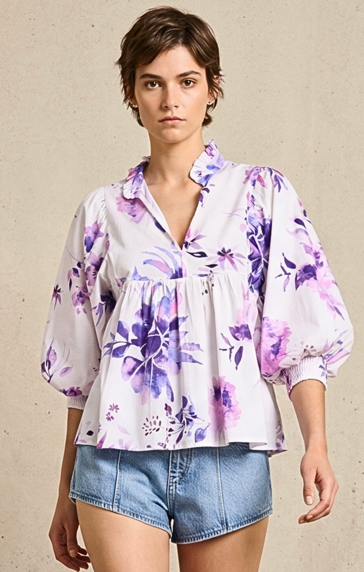 Faye Floral Puff-Sleeve Blouse
