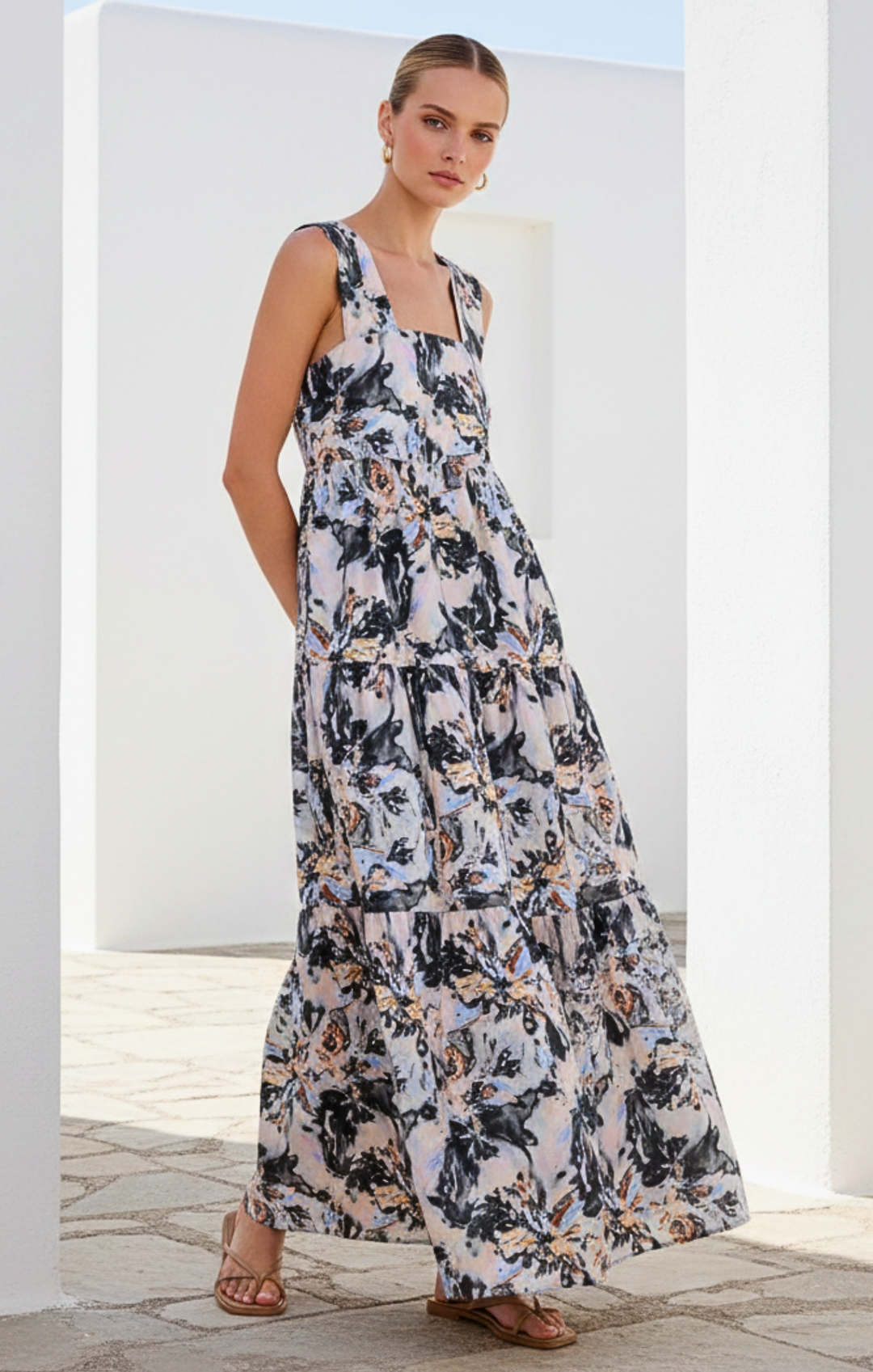 FAYZA TIERED SQUARE-NECK MAXI DRESS Shop-Sofia FAYZA TIERED SQUARE-NECK MAXI DRESS Shop-Sofia