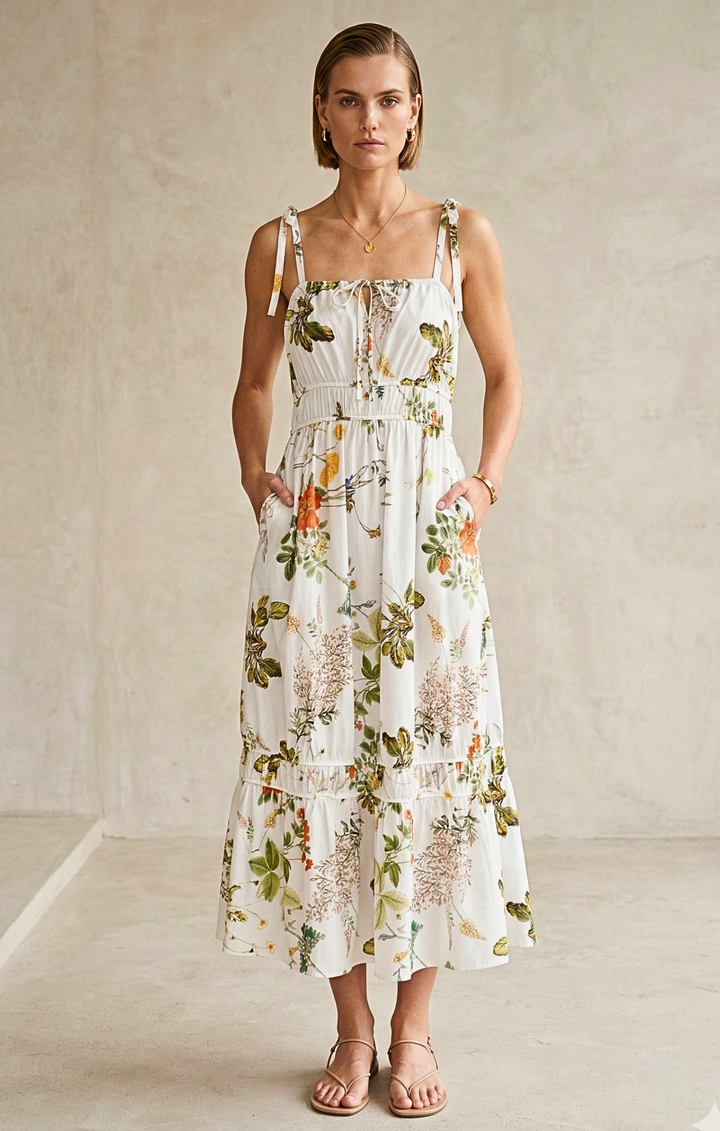 Woman wearing a floral dress against a plain background