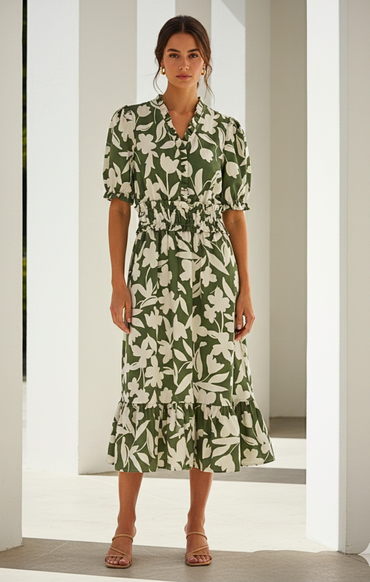 Woman wearing a green and white floral dress standing in a minimalistic setting.