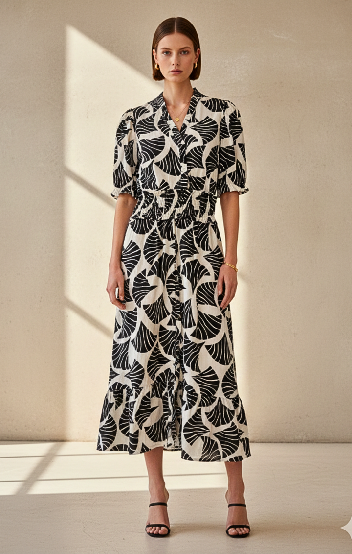 Woman wearing a black and white patterned dress standing against a neutral background