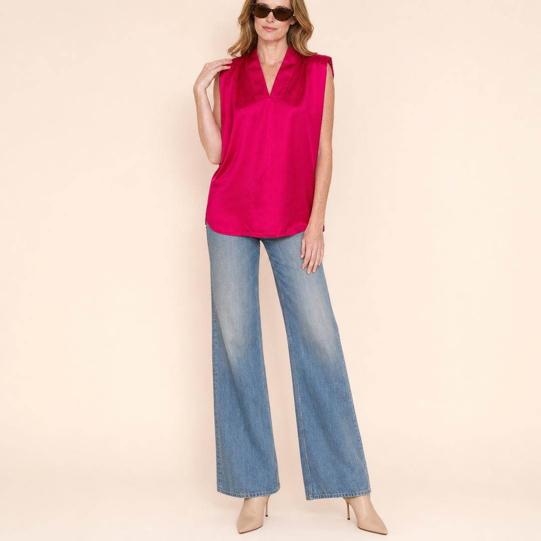 DANA Sleeveless Satin V-Neck Blouse – Relaxed Fit Satin Top