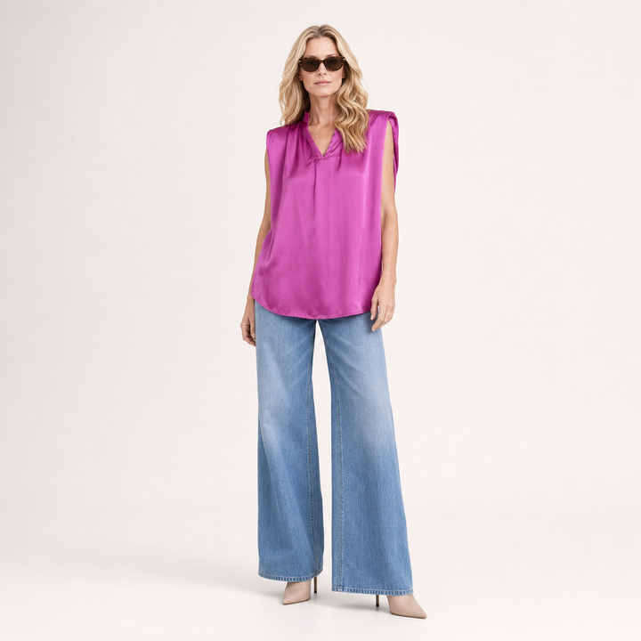 DANA Sleeveless Satin V-Neck Blouse – Relaxed Fit Satin Top