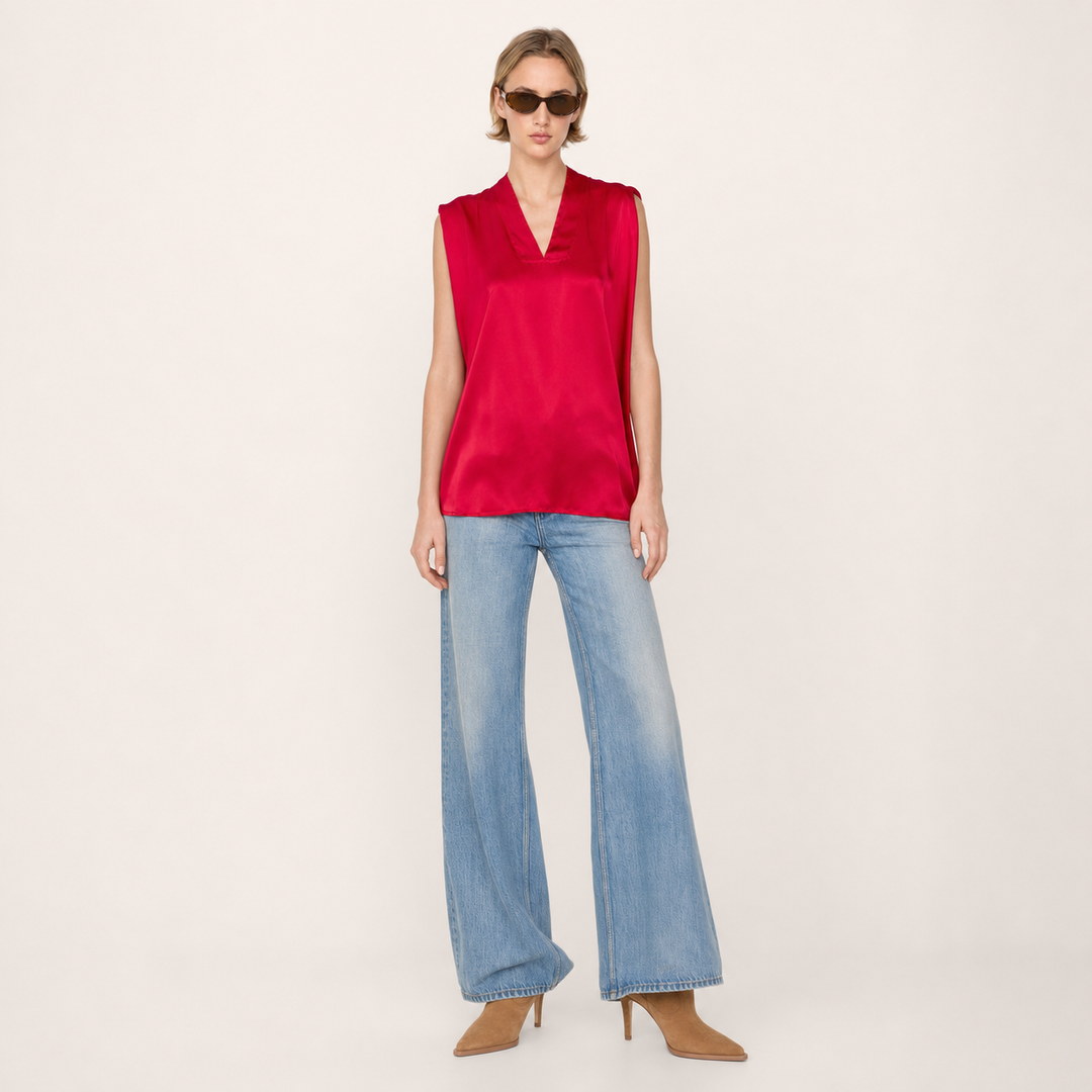 DANA Sleeveless Satin V-Neck Blouse – Relaxed Fit Satin Top