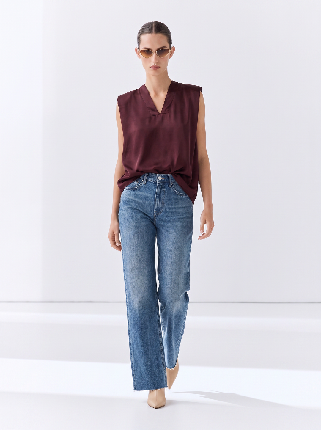 DANA Sleeveless Satin V-Neck Blouse – Relaxed Fit Satin Top