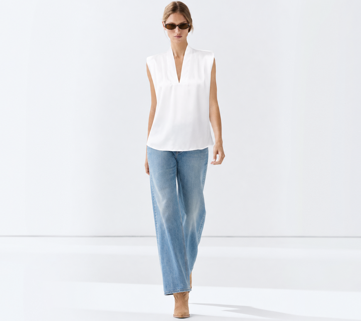 DANA Sleeveless Satin V-Neck Blouse – Relaxed Fit Satin Top