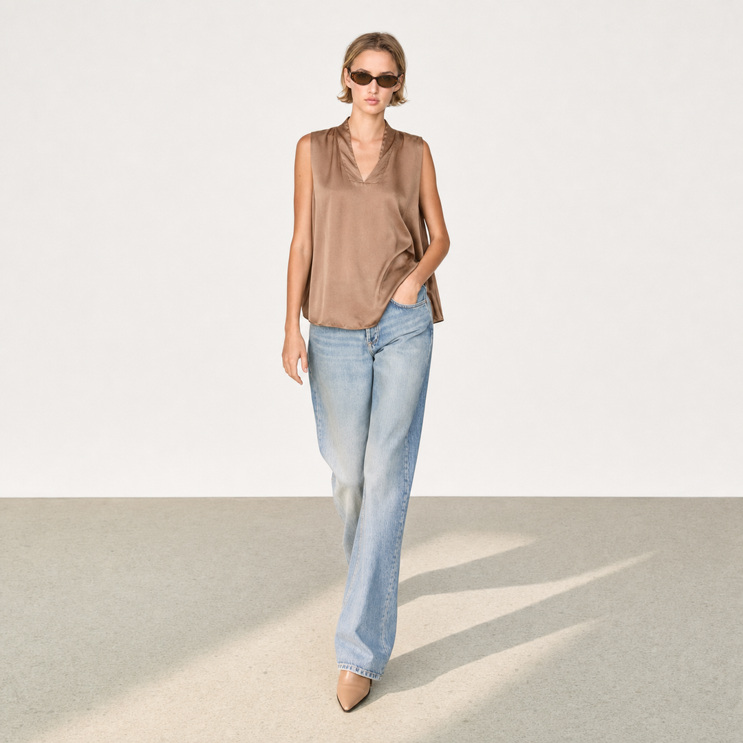DANA Sleeveless Satin V-Neck Blouse – Relaxed Fit Satin Top