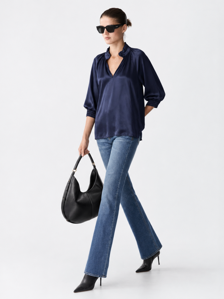 Andrea Navy Satin V-Neck Blouse — Ruffle Collar, 3/4 Balloon Sleeve