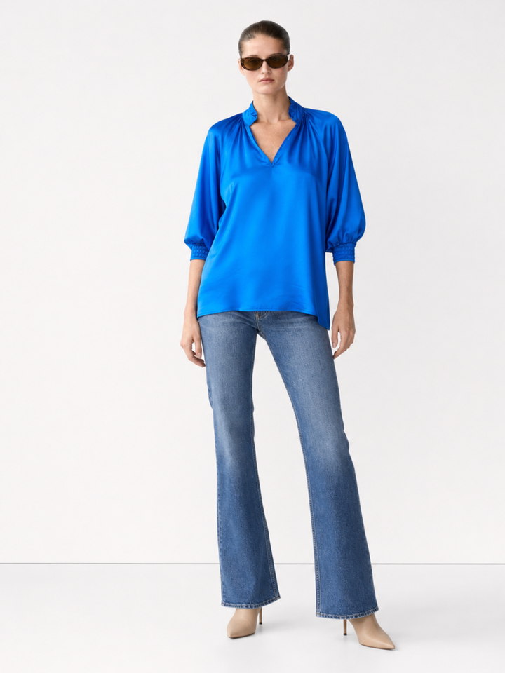 Andrea Navy Satin V-Neck Blouse — Ruffle Collar, 3/4 Balloon Sleeve