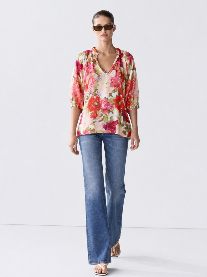 Andrea Navy Satin V-Neck Blouse — Ruffle Collar, 3/4 Balloon Sleeve