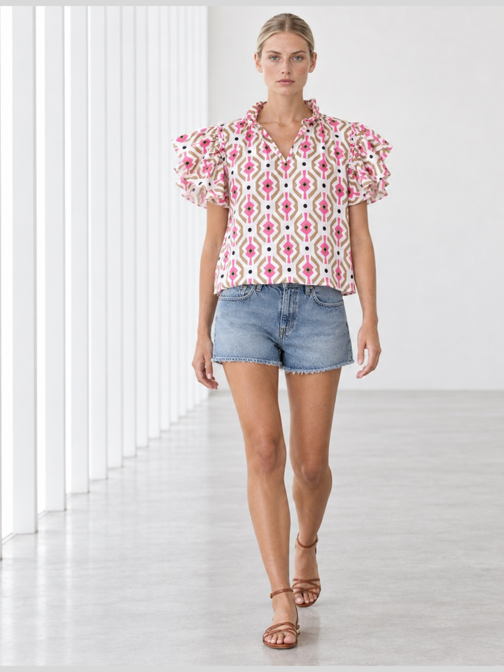 KATA RUFFLE FLUTTER-SLEEVE TOP