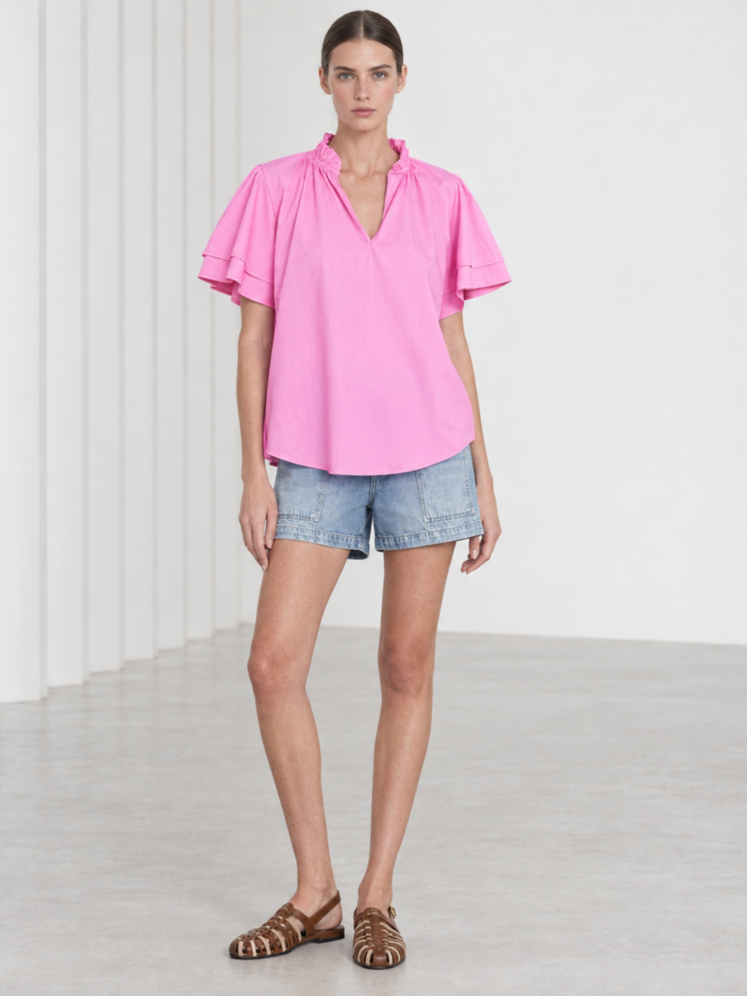 Eunice Ruffle Neck Tiered Flutter Sleeve Top