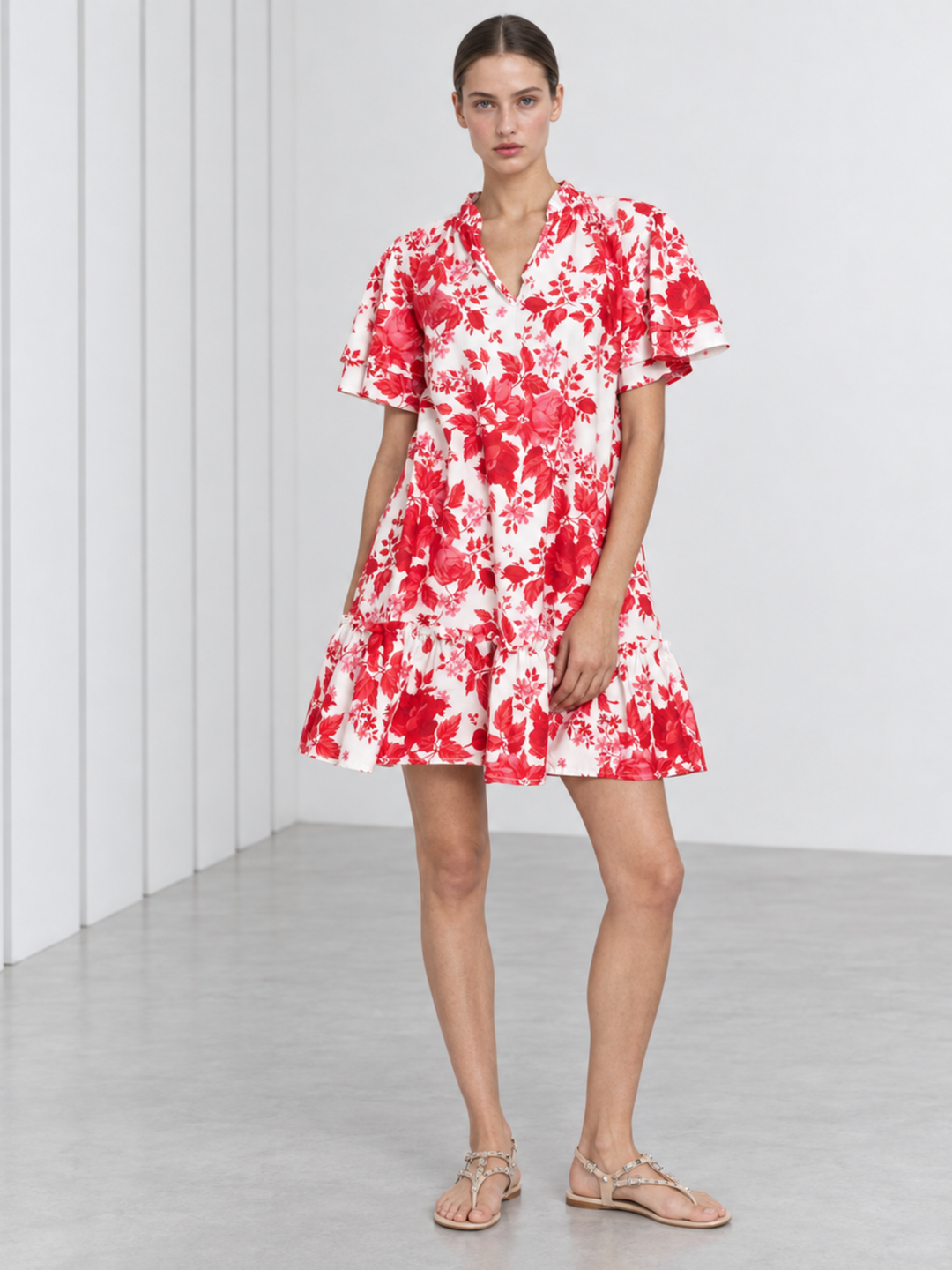 Jael Ruffle Neck Tiered Flutter Sleeve Shift Dress