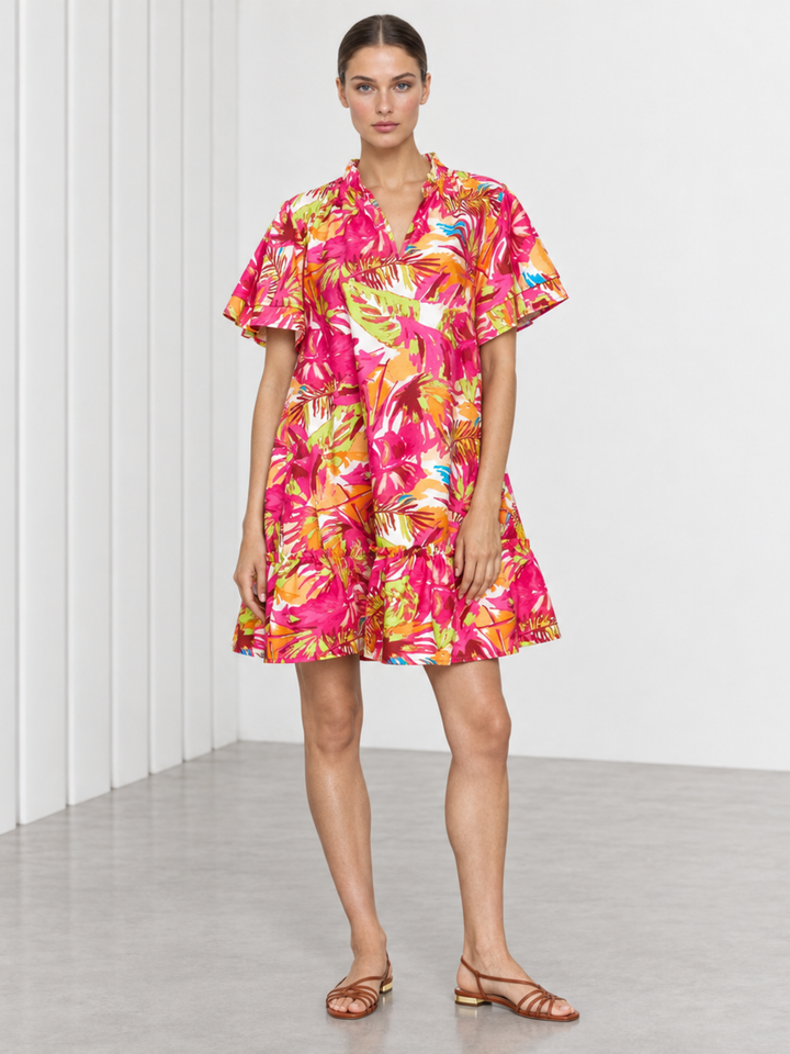 Jael Ruffle Neck Tiered Flutter Sleeve Shift Dress