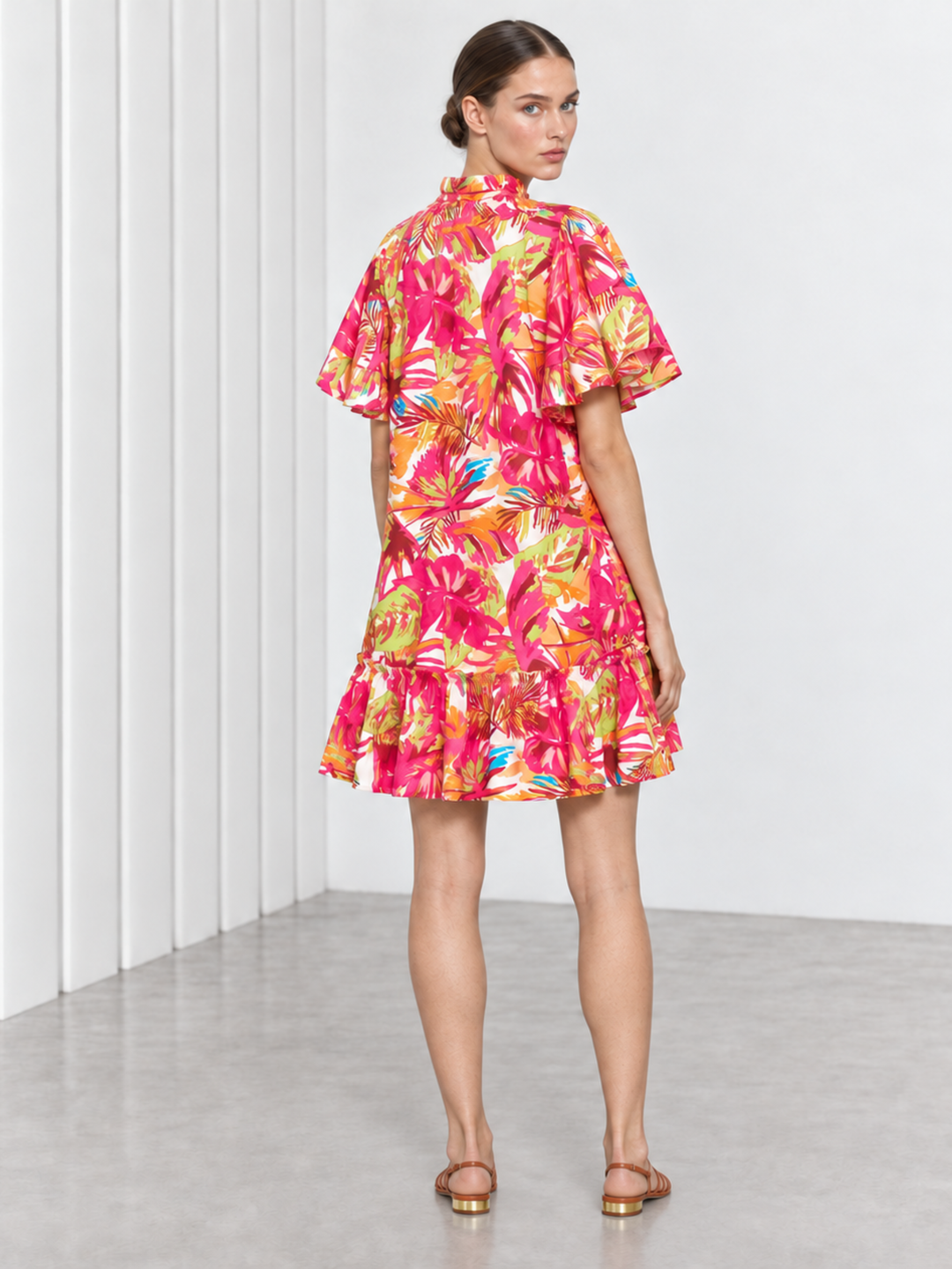 Jael Ruffle Neck Tiered Flutter Sleeve Shift Dress