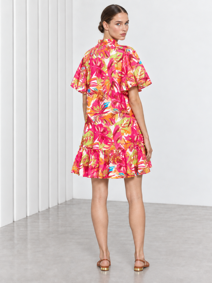 Jael Ruffle Neck Tiered Flutter Sleeve Shift Dress