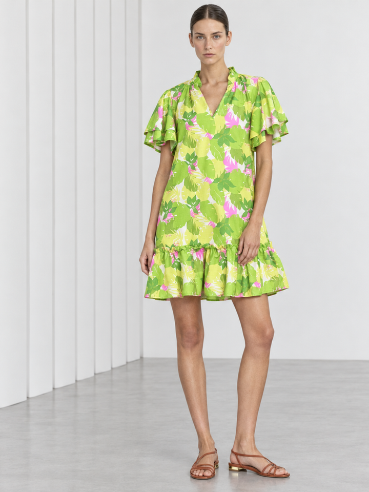 Jael Ruffle Neck Tiered Flutter Sleeve Shift Dress