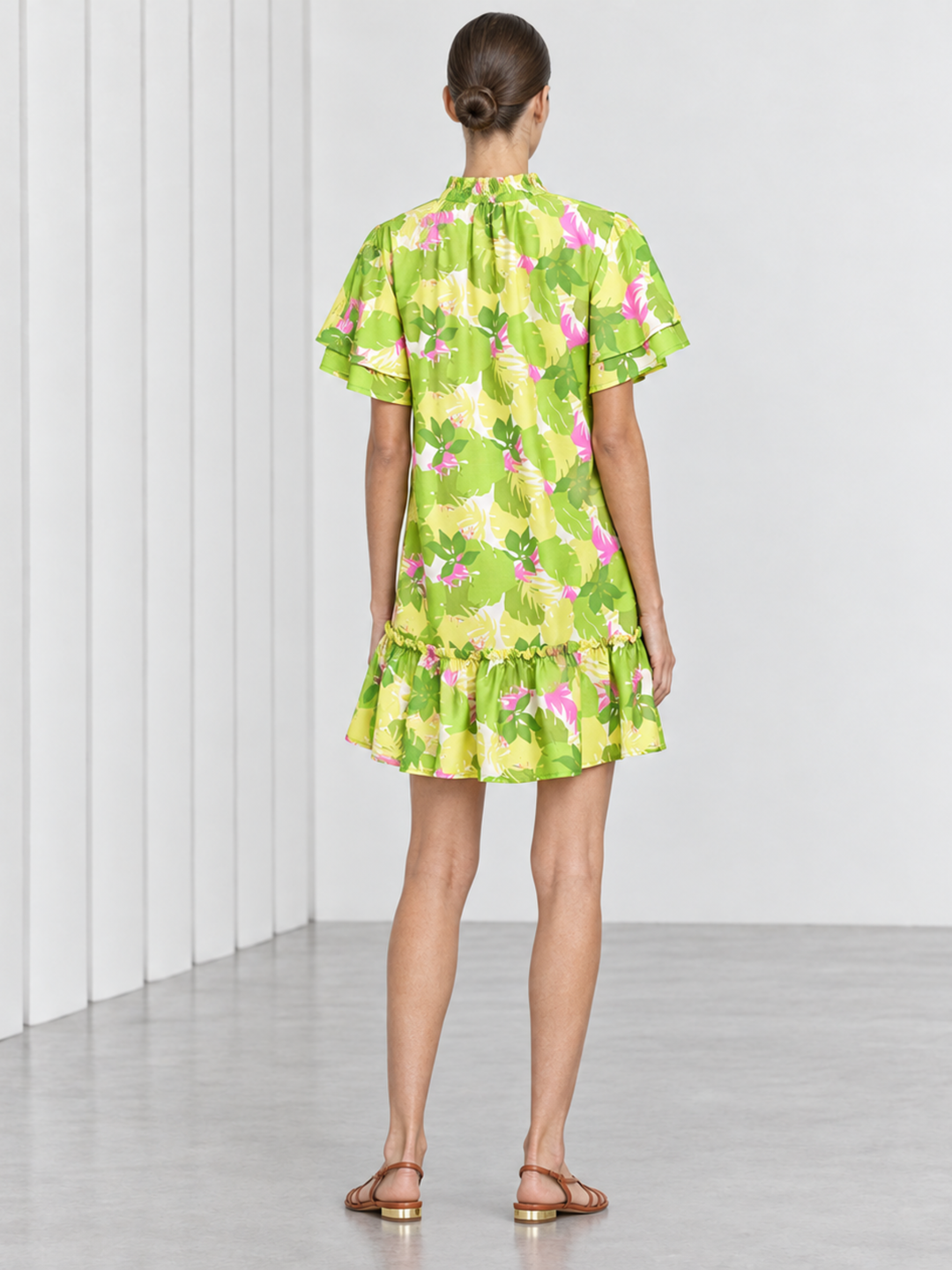 Jael Ruffle Neck Tiered Flutter Sleeve Shift Dress