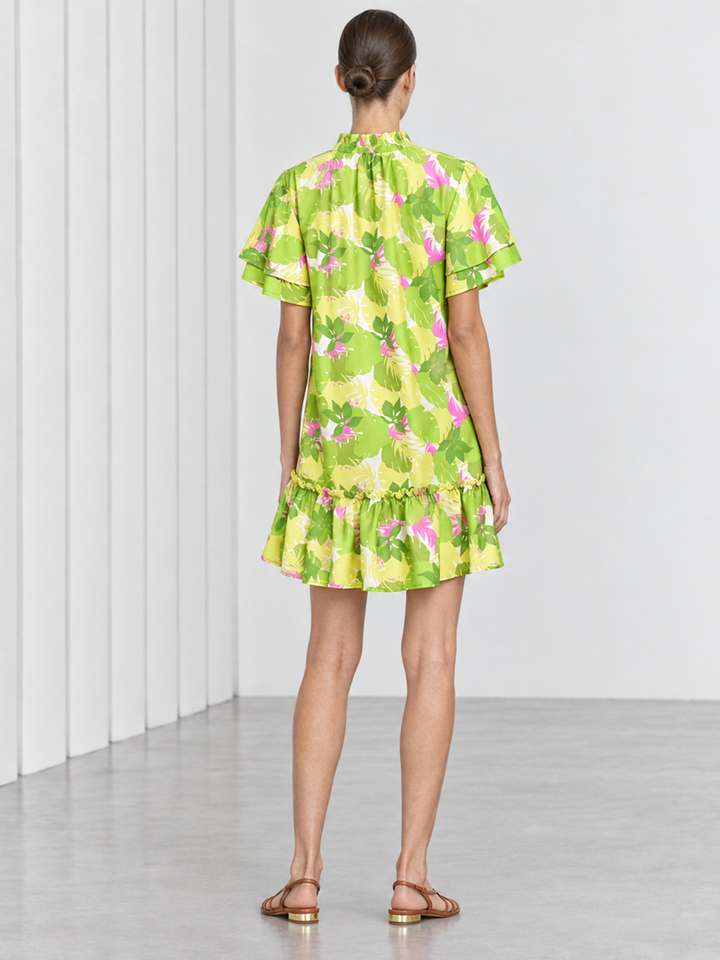 Jael Ruffle Neck Tiered Flutter Sleeve Shift Dress